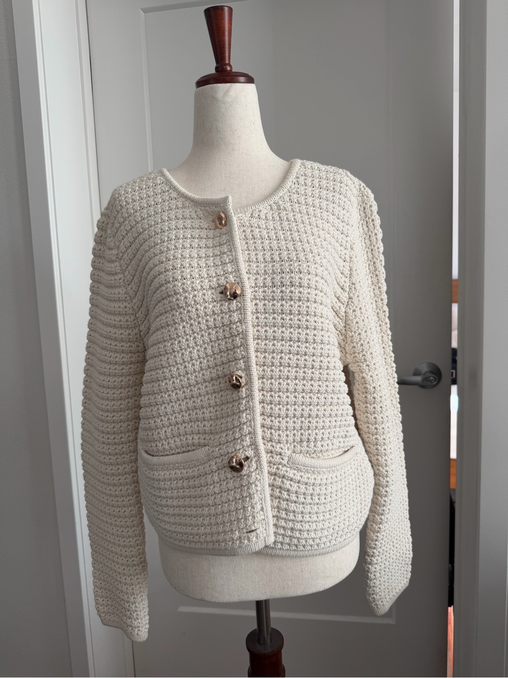 PAIGE Cream Textured Knit Cardigan with Gold Buttons